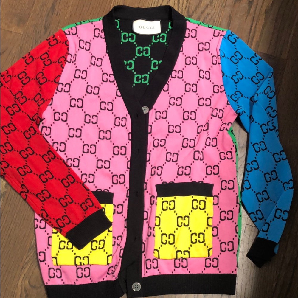 Red and Pink Cardigan Sweater with Monogram Pattern